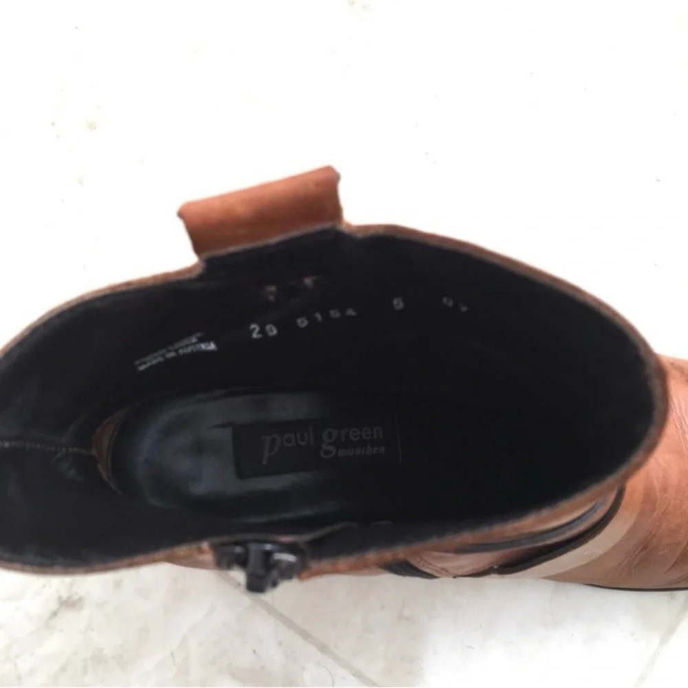 $439 Paul Green Brown Distressed Leather Buckle Block Heel Ankle Boots size 7.5